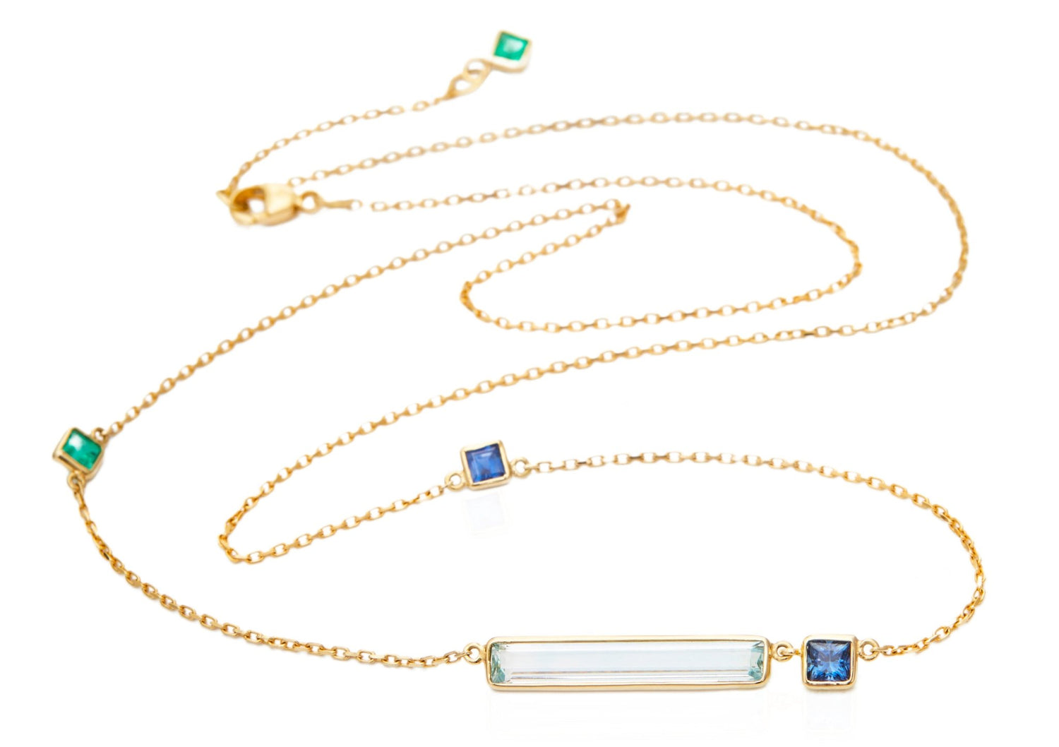 Aquamarine With Emerald & Sapphire Bar Necklace 18k handmade fine jewelry 2