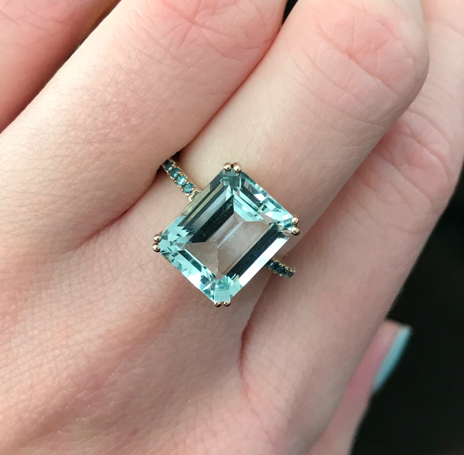 Aquamarine and Blue Diamond Ring 18k gold Engagement Ring