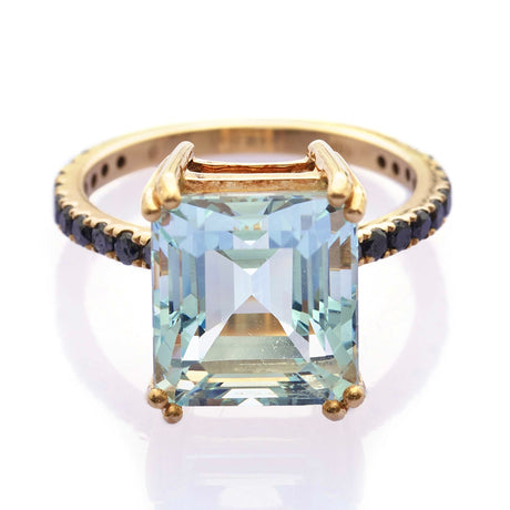 Asscher Aquamarine & Black Diamond Ring 18k gold engagement ring
