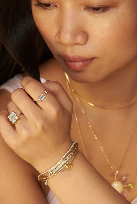 Asscher Aquamarine & Black Diamond Ring 18k gold engagement ring on model