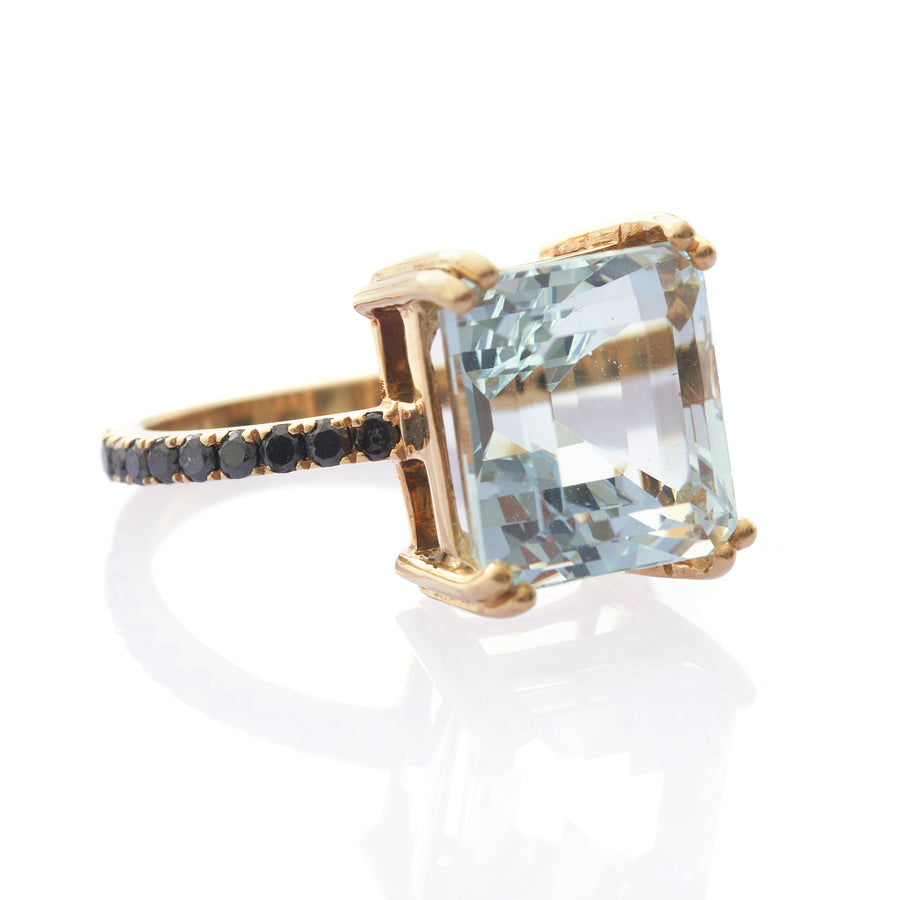 Asscher Aquamarine & Black Diamond Ring