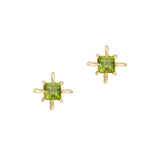 Pair of gold earrings with green peridot gemstones on a white background