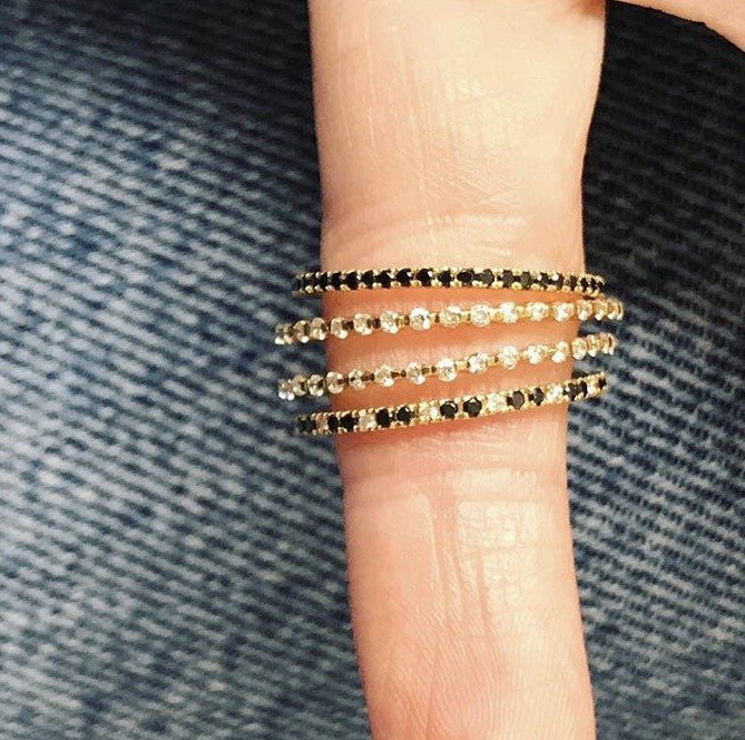 Black Diamond Micro Pave Infinite Ring 18k gold stackable ring on hand