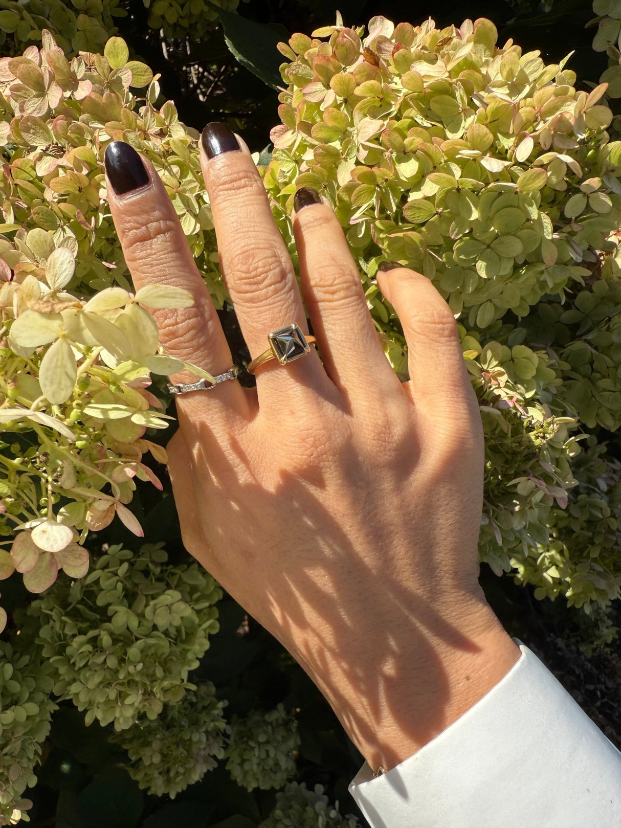 Black Diamond Pyramid Ring 18k gold engagement ring on model