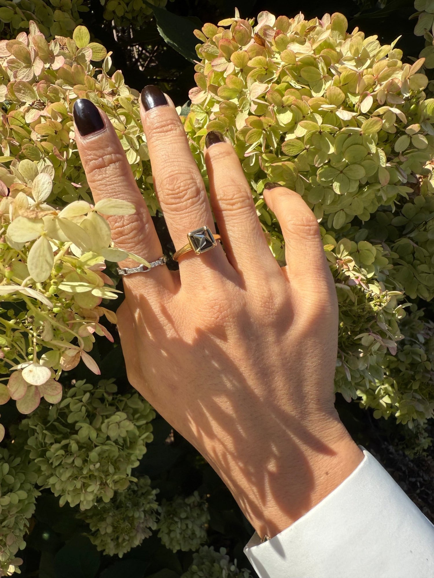 Black Diamond Pyramid Ring 18k gold engagement ring on model