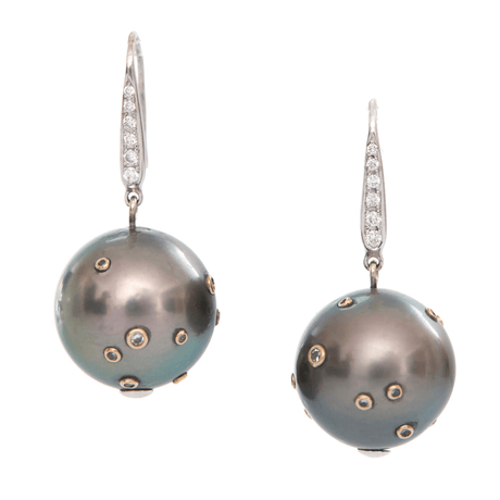 Black Pearl & Diamond Constellation Earrings 18K White Gold Handmade Fine Jewelry