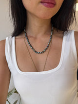 Black Pearl With Fisheye Closure Necklace handmade fine jewelry on model
