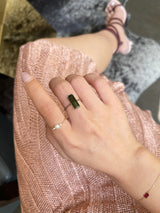 Black Tourmaline Diamond Protection Bar Ring 18k gold engagement ring on model 2