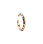Gold hoop earring with embedded green and black stones on a white background