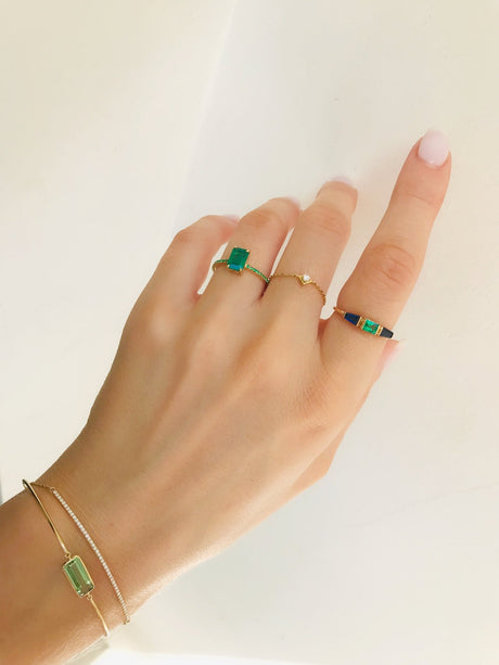 Blue Sapphire & Emerald Triplet Ring 18k gold stackable ring on model