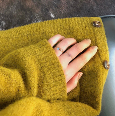 Blue Topaz Heart Chain Ring 14k gold Stackable ring on model