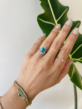 Blue Zircon & Diamond Aurora Ring PT900 engagement ring on model 