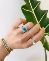 Blue Zircon & Diamond Aurora Ring PT900 engagement ring on model 