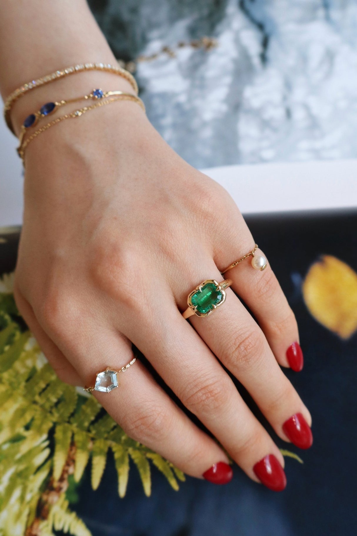 Brazilian Emerald  Compass Ring 18k gold engagement ring on model