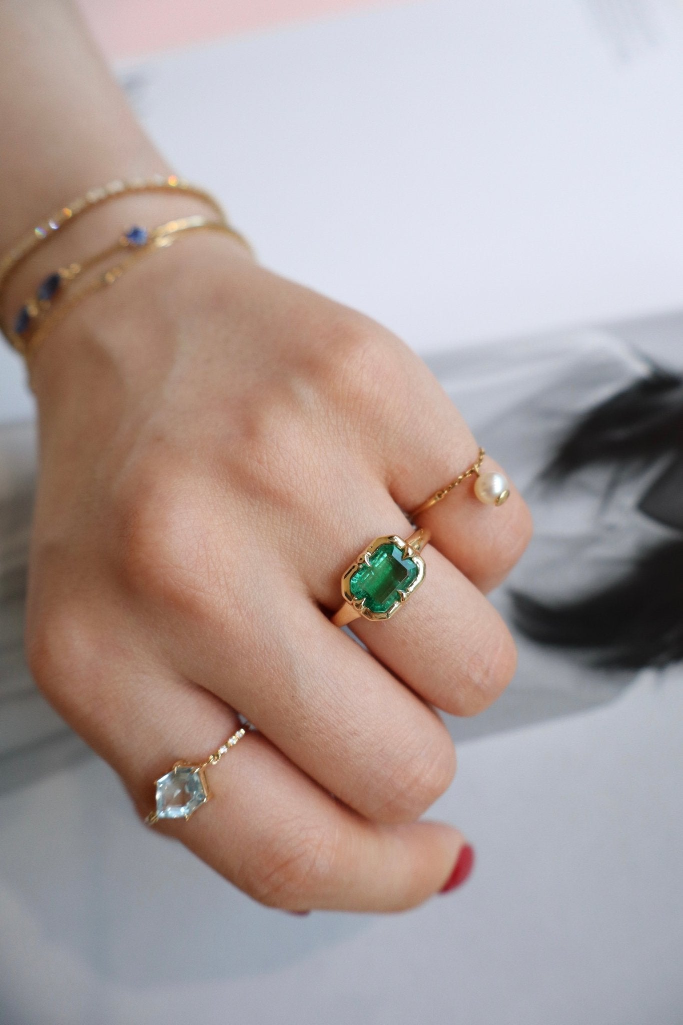 Brazilian Emerald  Compass Ring 18k gold engagement ring on model 2