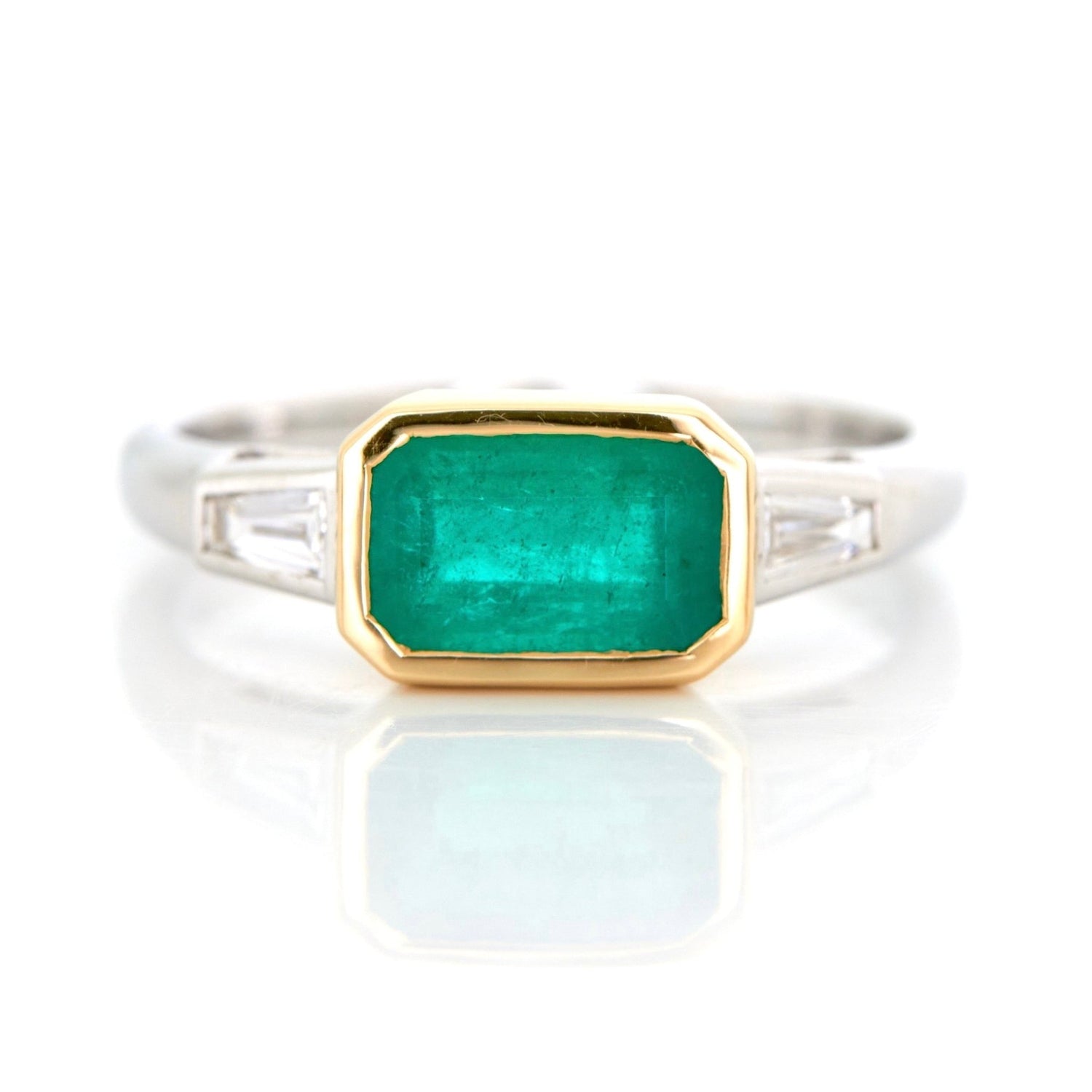 Brazilian Emerald & Diamond East West Ring 18k gold engagement ring 