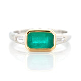 Brazilian Emerald & Diamond East West Ring 18k gold engagement ring 