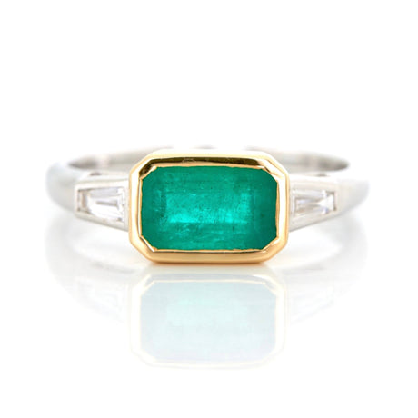 Brazilian Emerald & Diamond East West Ring 18k gold engagement ring 