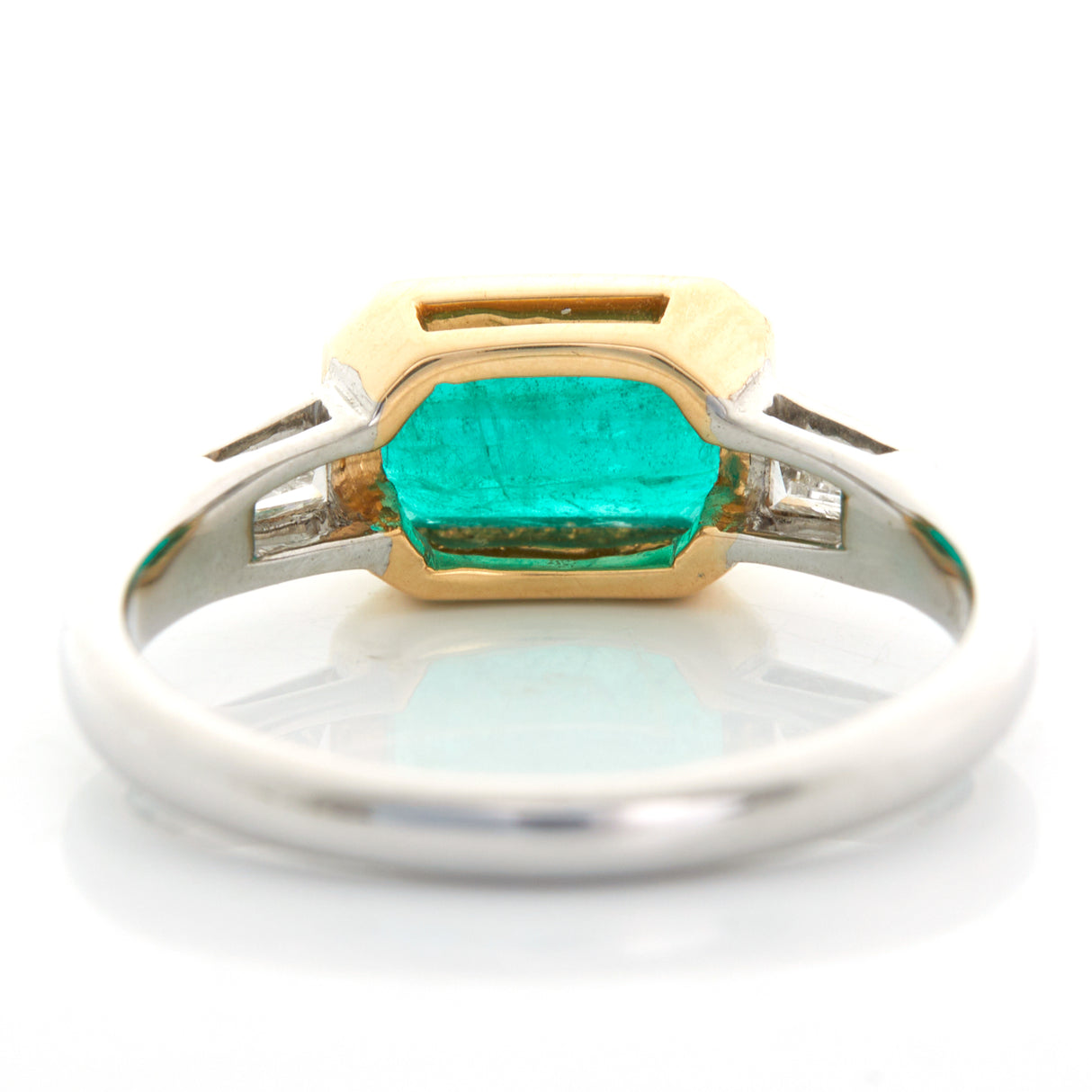 Brazilian Emerald Diamond East West Ring 18k gold engagement ring back view