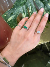 Brazilian Emerald & Diamond East West Ring 18k gold engagement ring on model