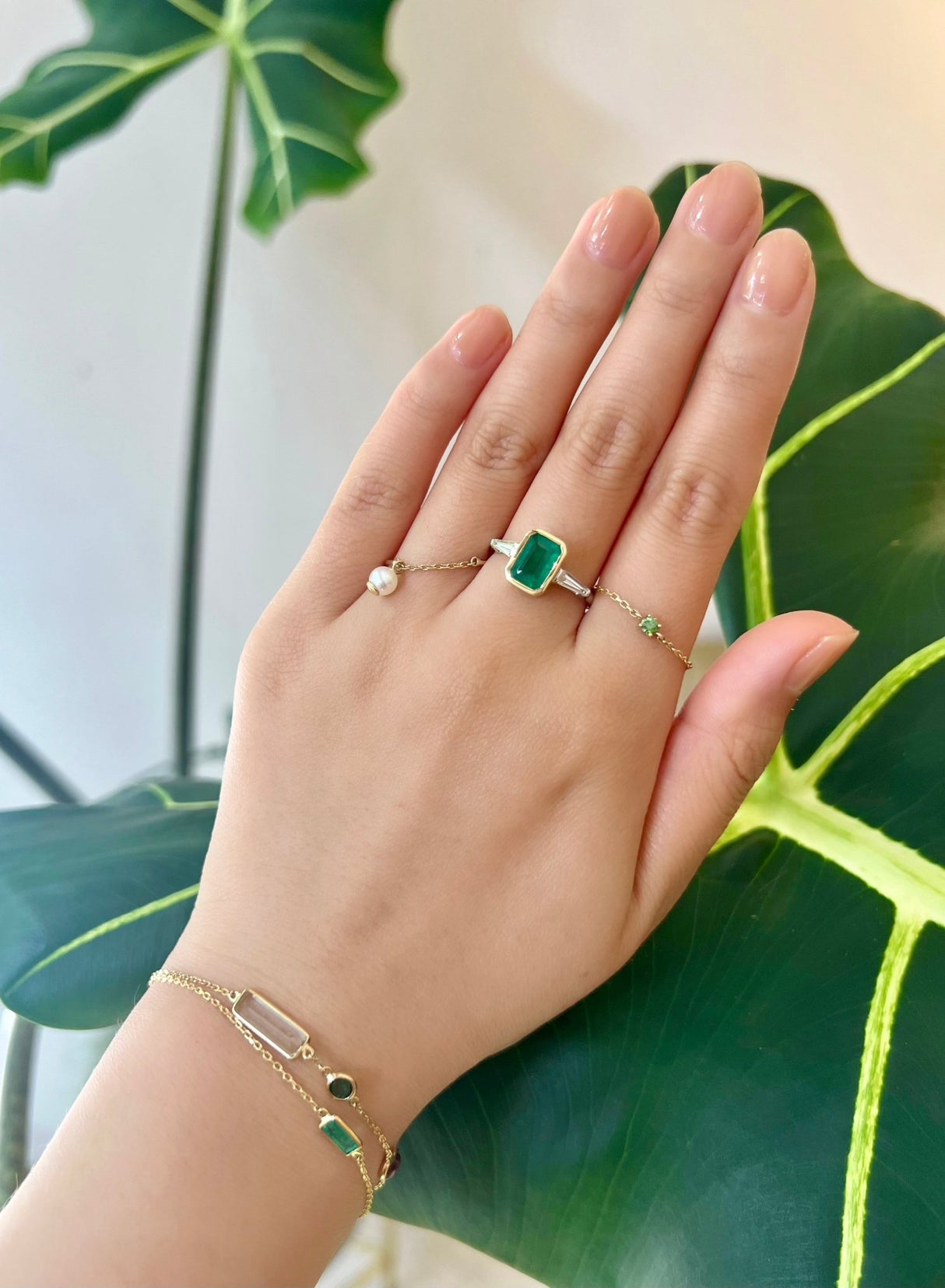 Brazilian Emerald & Diamond Eternal Ring 18k gold engagement ring on model