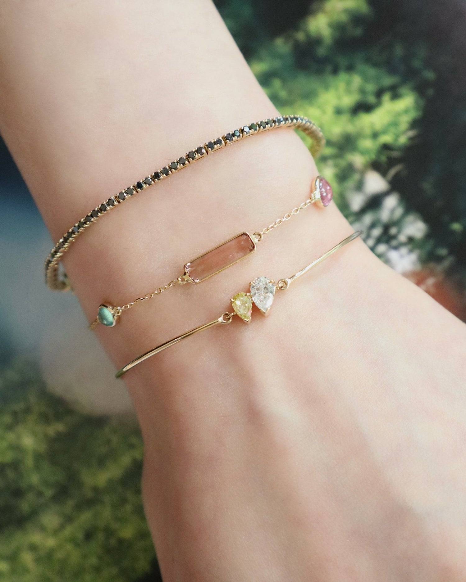 Canary Diamond Double Pear Bangle 18k gold Stackable design on model 1