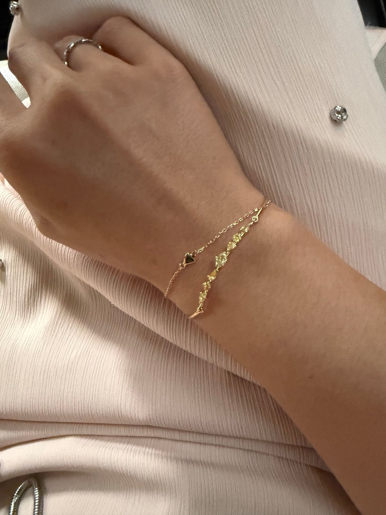 Canary & Orange Diamond Bangle 18K gold stackable design on model