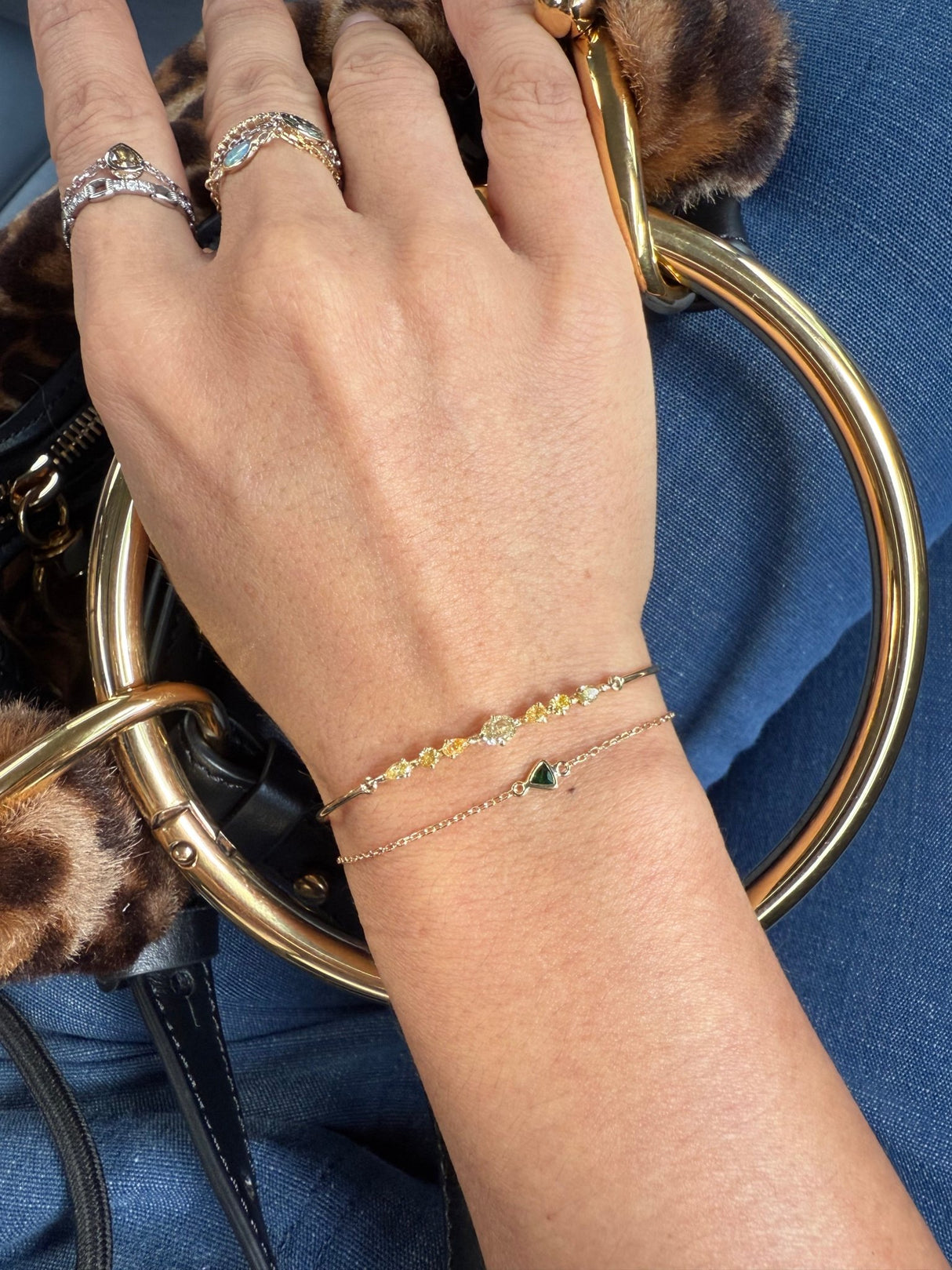 Canary & Orange Diamond Bangle 18k gold Stackable design on model