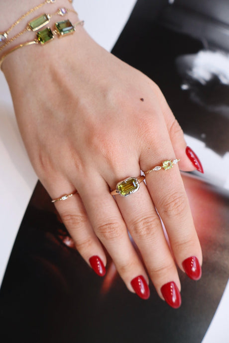 Canary Tourmaline Compass Ring 18k gold engagement ring on model