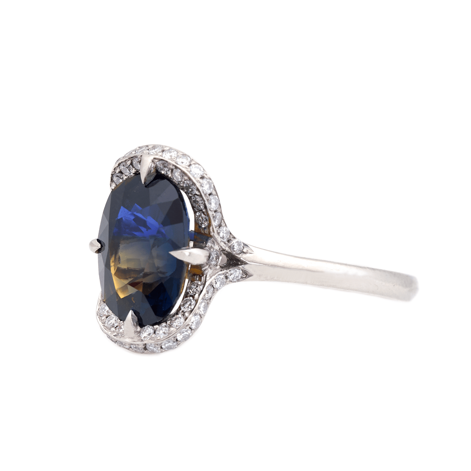 Ceylon Color Change Sapphire Aurora Ring platinum engagement ring side view