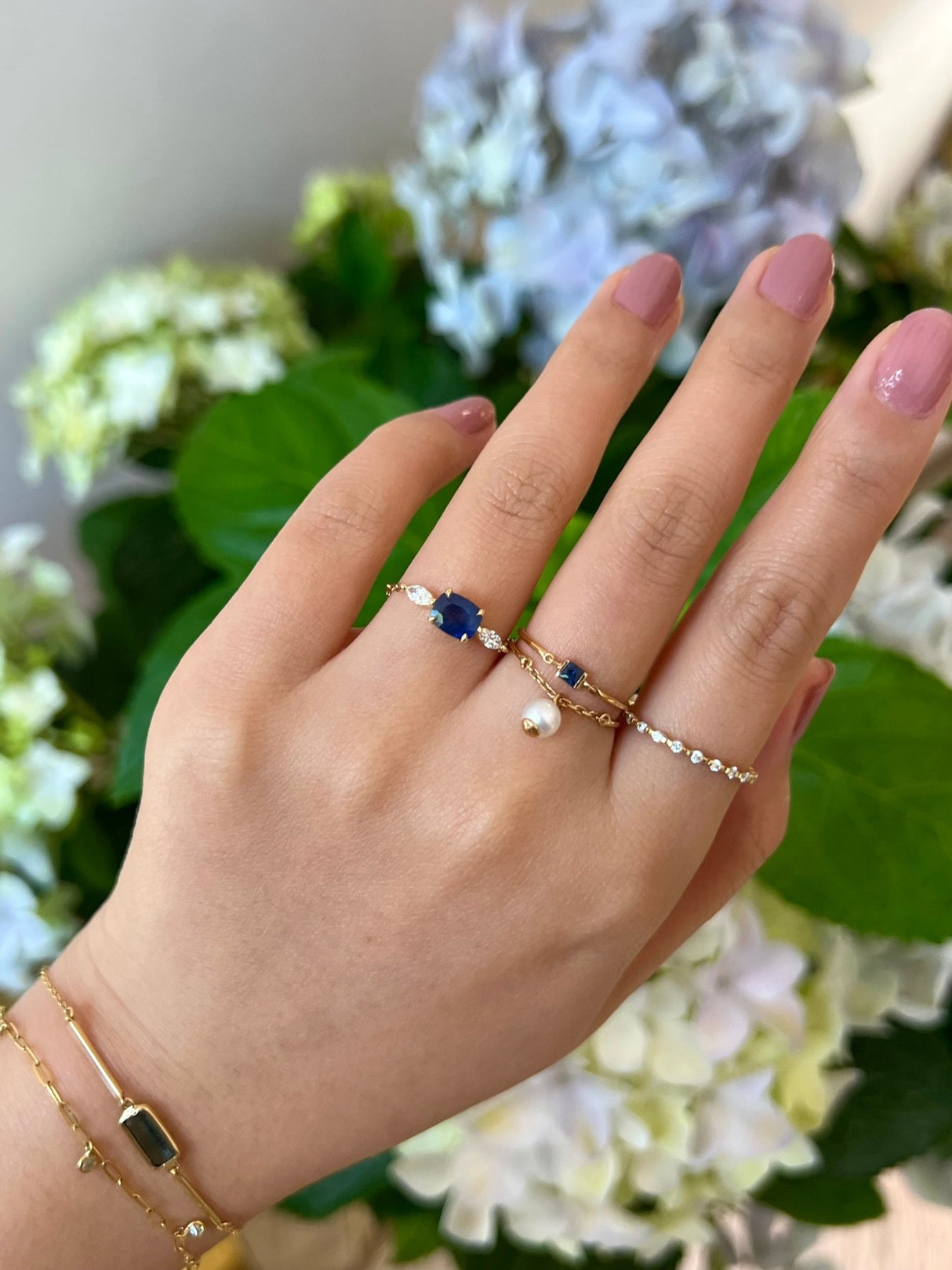 Ceylon Royal Blue Sapphire & Diamond Dream Weaver Chain Ring on model 3