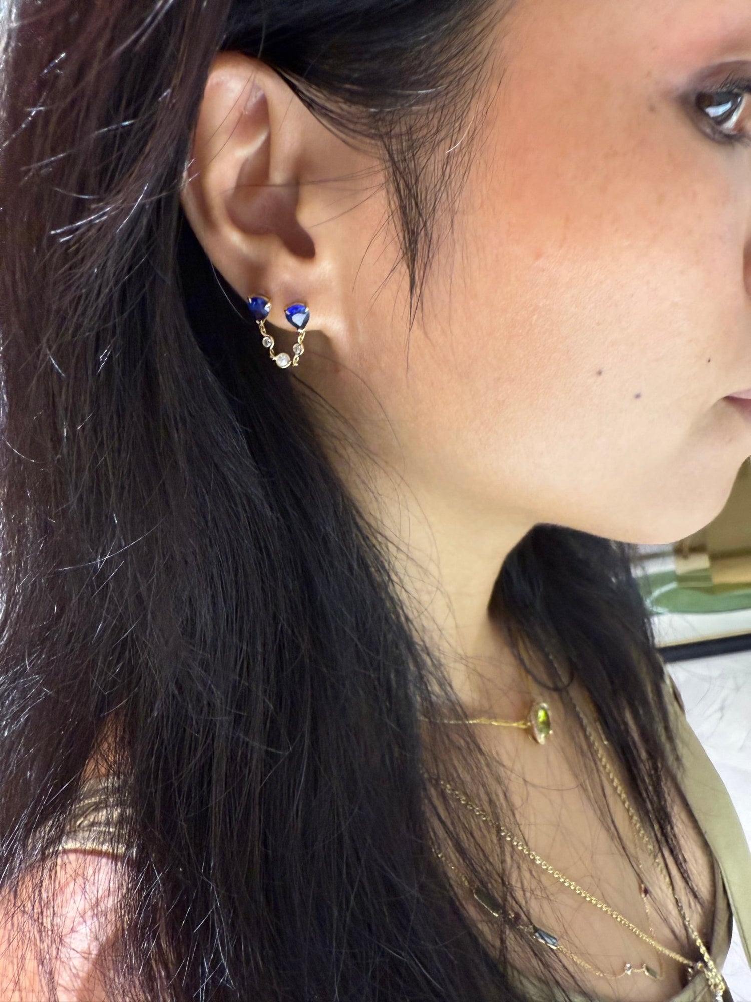 Ceylon Sapphire & Diamond Chain Earring 18k gold Stackable design on model 