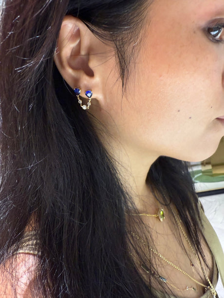 Ceylon Sapphire & Diamond Chain Earring 18k gold Stackable design on model 