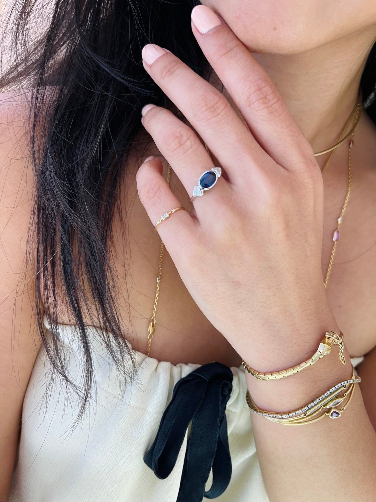 Ceylon Sapphire & Diamond Ever After Ring 18k gold engagement ring on model 2