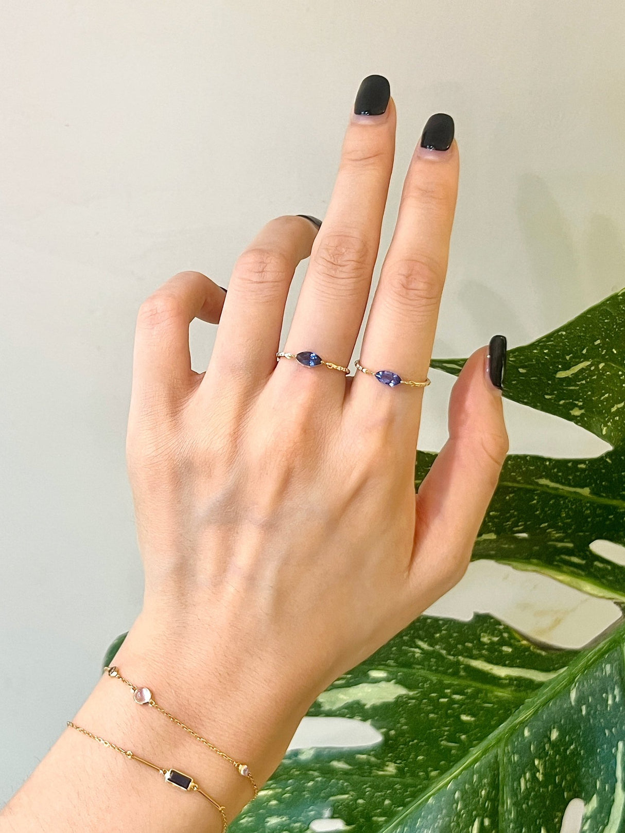 Ceylon Sapphire Marquise Petite Circle Diamond Ring 14k gold stackable ring on model 2