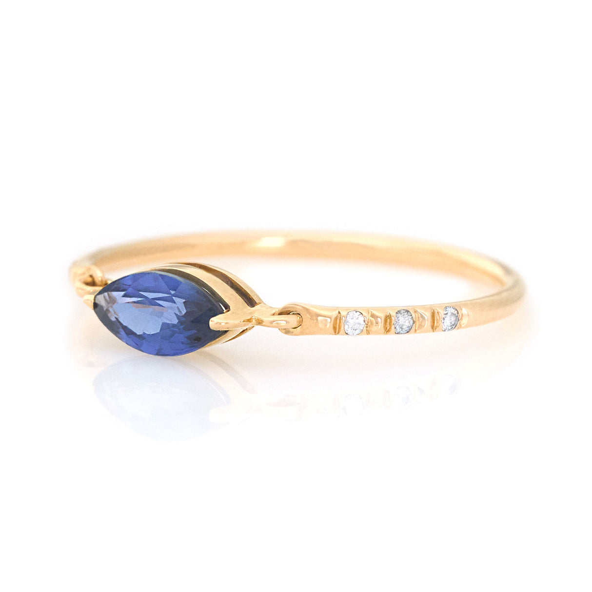 Ceylon Sapphire Marquise Petite Circle Diamond Ring 14k gold stackable ring side view 2