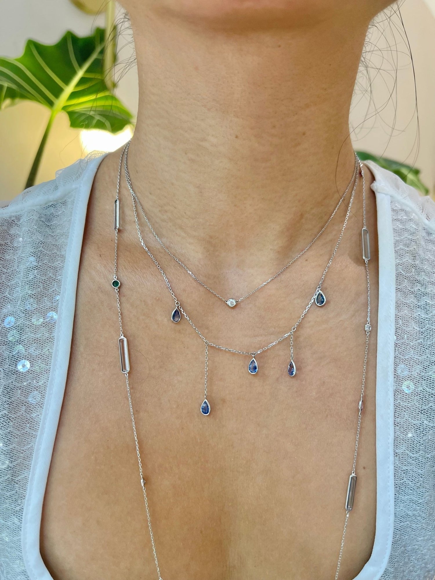 Ceylon Sapphire Raindrops Necklace 18k handmade fine jewelry on model