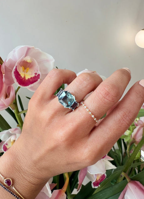 Ceylon Sapphire & Spinel Bar Ring 18k gold engagement ring on model