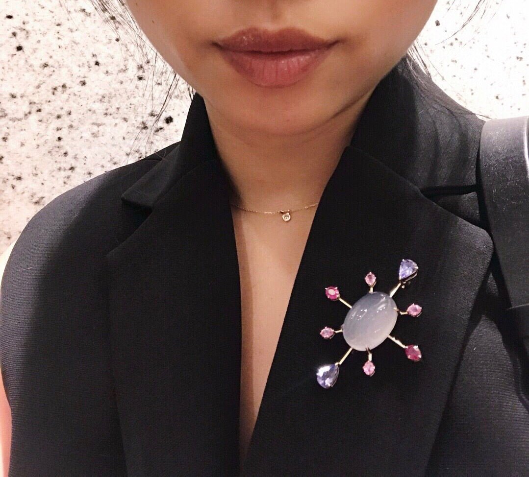 Chalcedony, Tanzanite, Ruby & Pink Sapphire Brooch 18k handmade fine jewelry on model