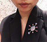 Chalcedony, Tanzanite, Ruby & Pink Sapphire Brooch 18k handmade fine jewelry on model