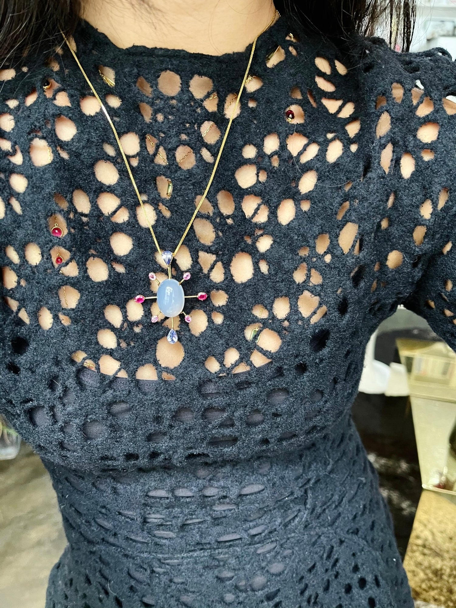 Chalcedony, Tanzanite, Ruby & Pink Sapphire Pendant 18k handmade fine jewelry on model