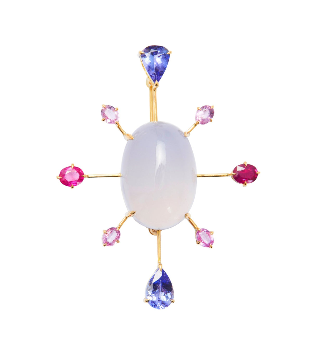 Chalcedony, Tanzanite, Ruby & Pink Sapphire Pendant/Brooch 18k handmade fine jewelry