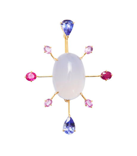 Chalcedony, Tanzanite, Ruby & Pink Sapphire Pendant/Brooch 18k handmade fine jewelry