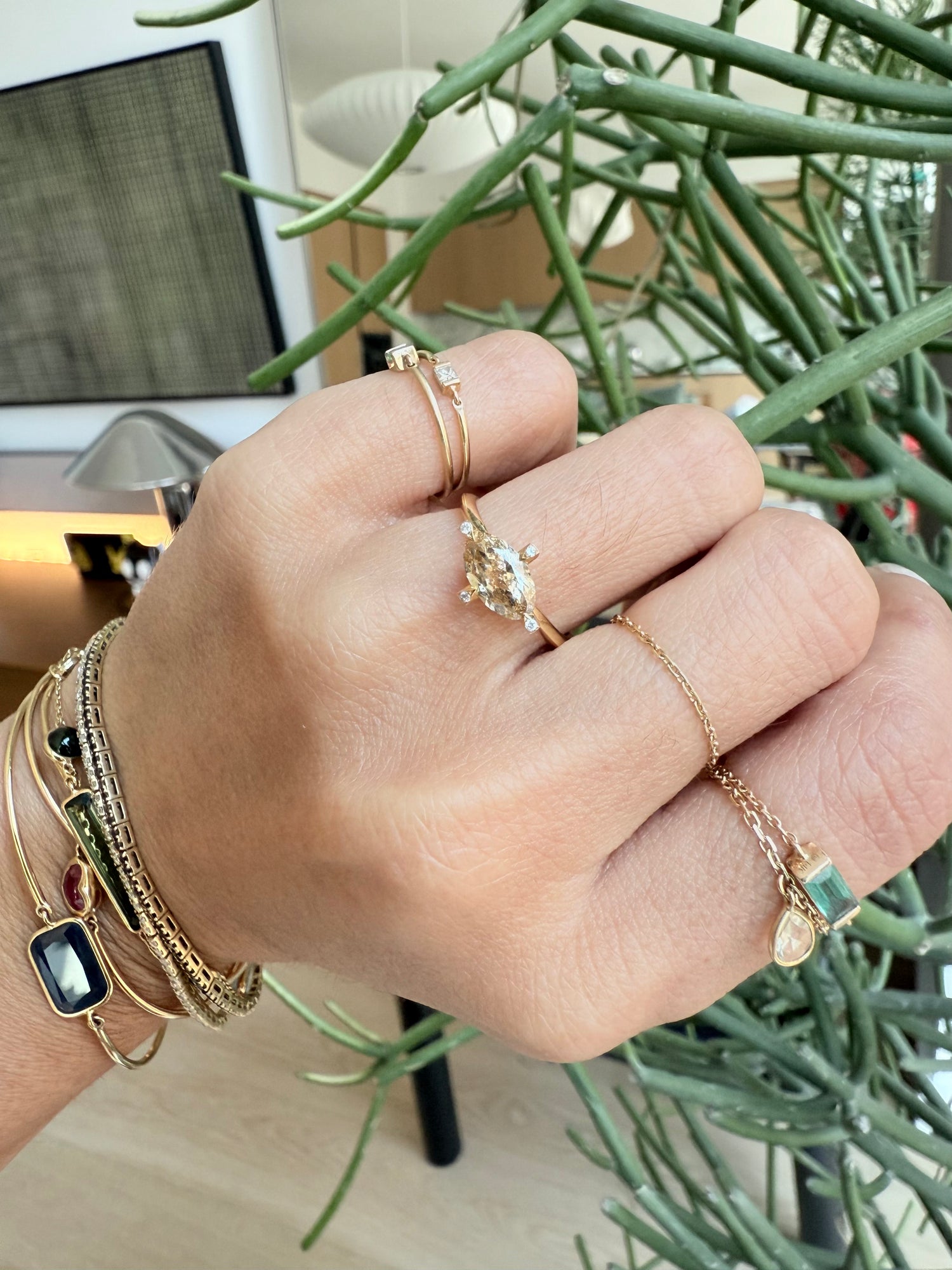 Champagne Diamond Compass Ring 18k gold engagement ring on model