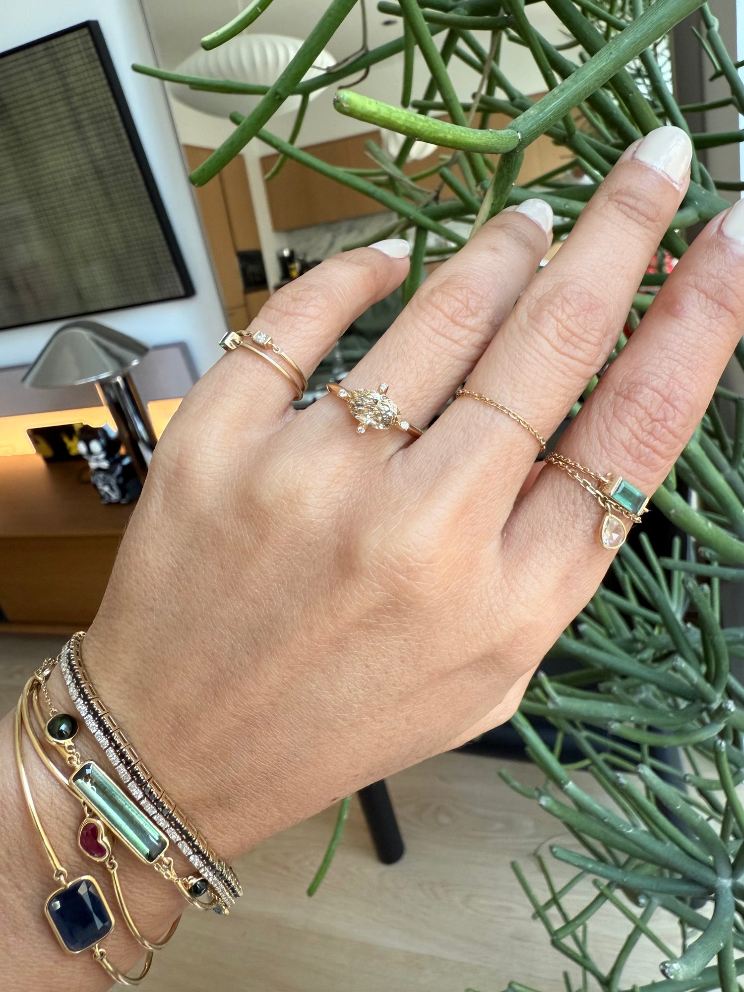 Champagne Diamond Compass Ring 18k gold engagement ring on model