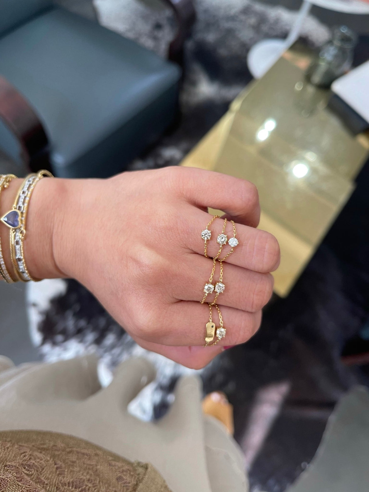 Champagne Diamond Dot Chain Ring 18k gold Stackable ring on model