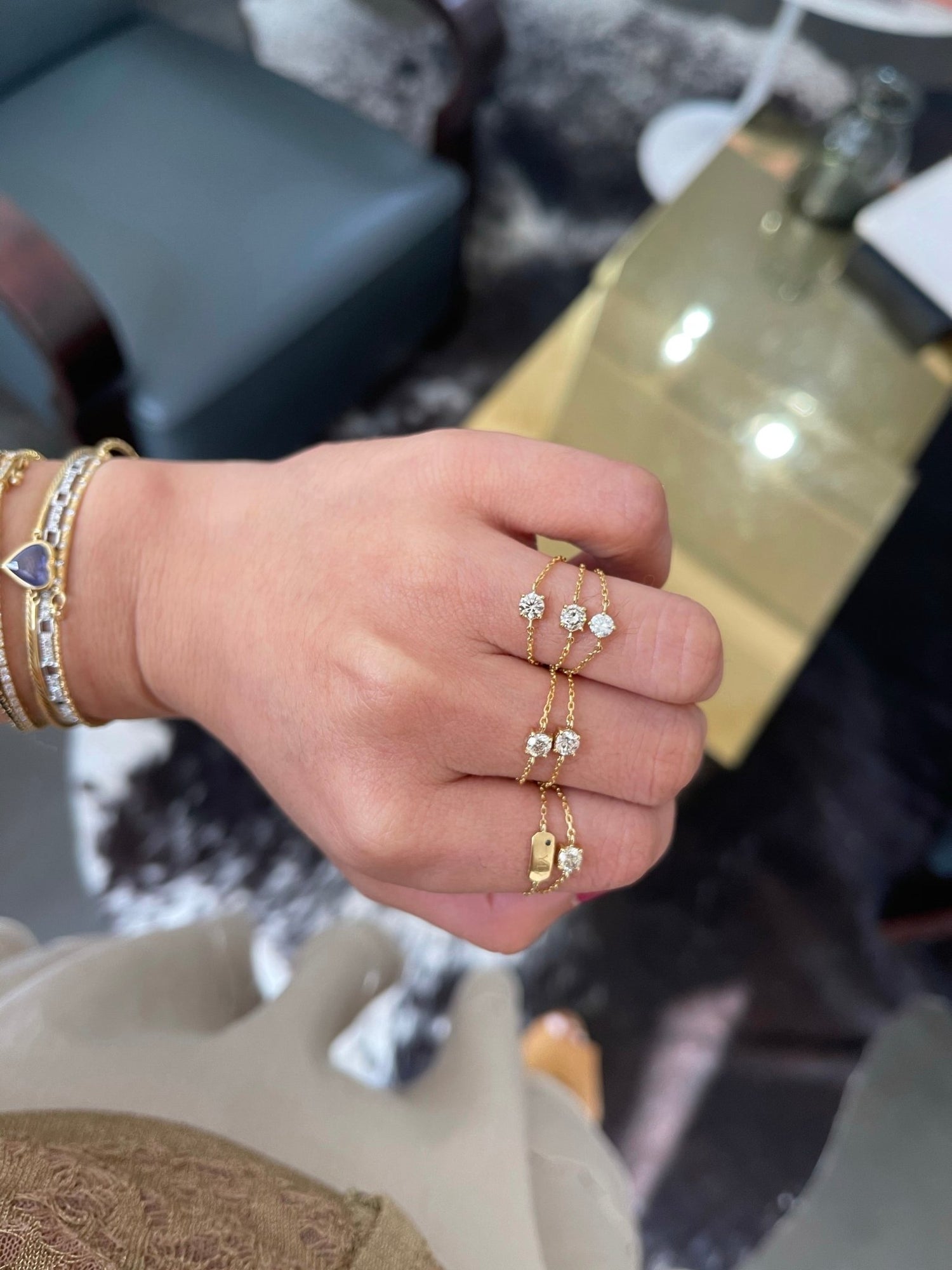 Champagne Diamond Dot Chain Ring 18k gold Stackable ring on model