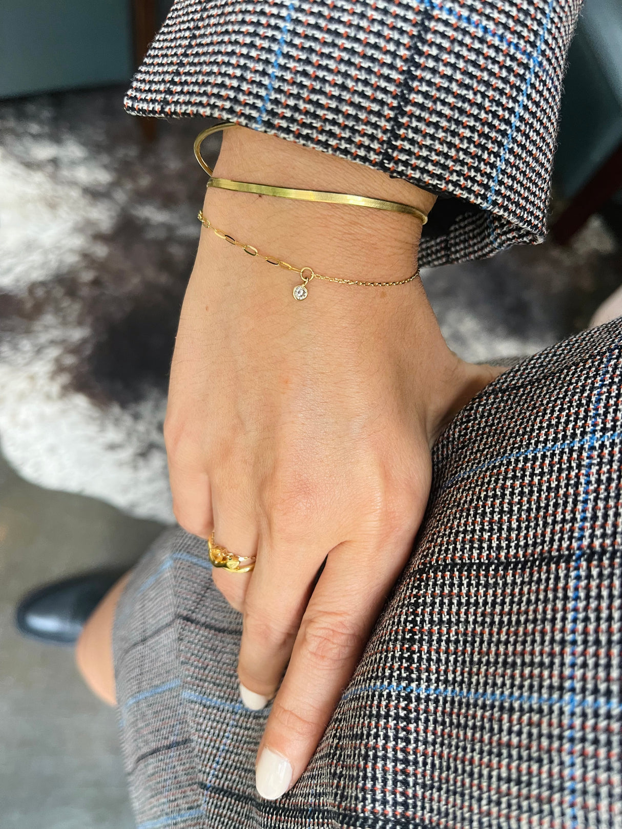 Champagne Diamond Duo Bracelet 18k gold stackable design on model