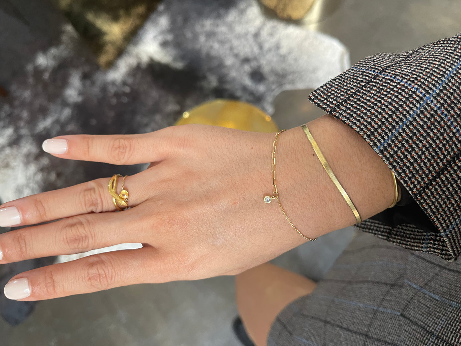 Champagne Diamond Duo Bracelet 18k gold stackable design on model 2