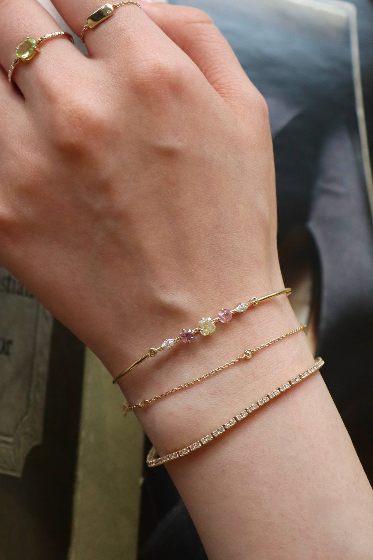Champagne Diamond & Spinel Compass Bangle 18k gold Stackable design on model
